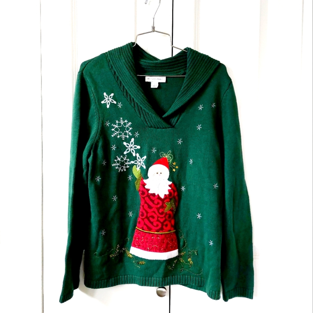 Green Cowl Neck Santa Sweater size Large Christopher &‎ Banks Christmas
